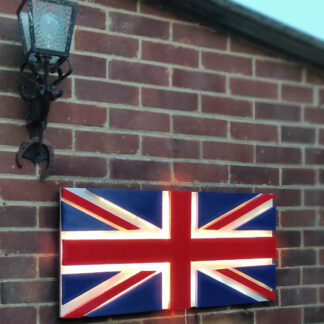 3d UK flag sound-sensitive flashing outside on bricks wall