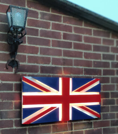 3d UK flag sound-sensitive flashing outside on bricks wall