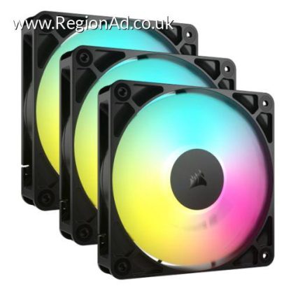 Corsair RS120 ARGB PWM 12cm Case Fans (3 Pack), Magnetic Dome Bearing, Daisy-Chain 4-Pin, 2100 RPM, AirGuide Tech, Black