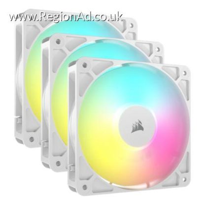 Corsair RS120 ARGB PWM 12cm Case Fans (3 Pack), Magnetic Dome Bearing, Daisy-Chain 4-Pin, 2100 RPM, AirGuide Tech, White