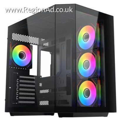 Vida Edge Black ARGB Gaming Cube Case w/ Glass Side, Front & Corner, ATX, 4x ARGB PWM Fans, 6-Port Fan Hub & Remote Control, Asus BTF Compatible