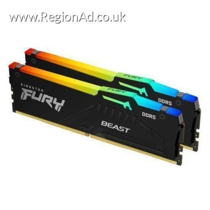Kingston Fury Beast RGB 64GB Kit (2 x 32GB), DDR5, 6000MHz, CL36, 1.35V, ECC, PMIC, AMD EXPO & Intel XMP 3.0, Black, DIMM Memory