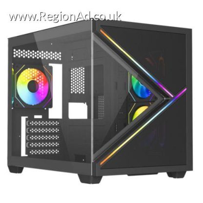 Vida Arcade Black ARGB Gaming Case w/ Glass Side & Glass/Mesh Front, Micro ATX, ARGB Strips, 3x ARGB PWM Fans, 6-Port ARGB Fan Hub & Remote Control